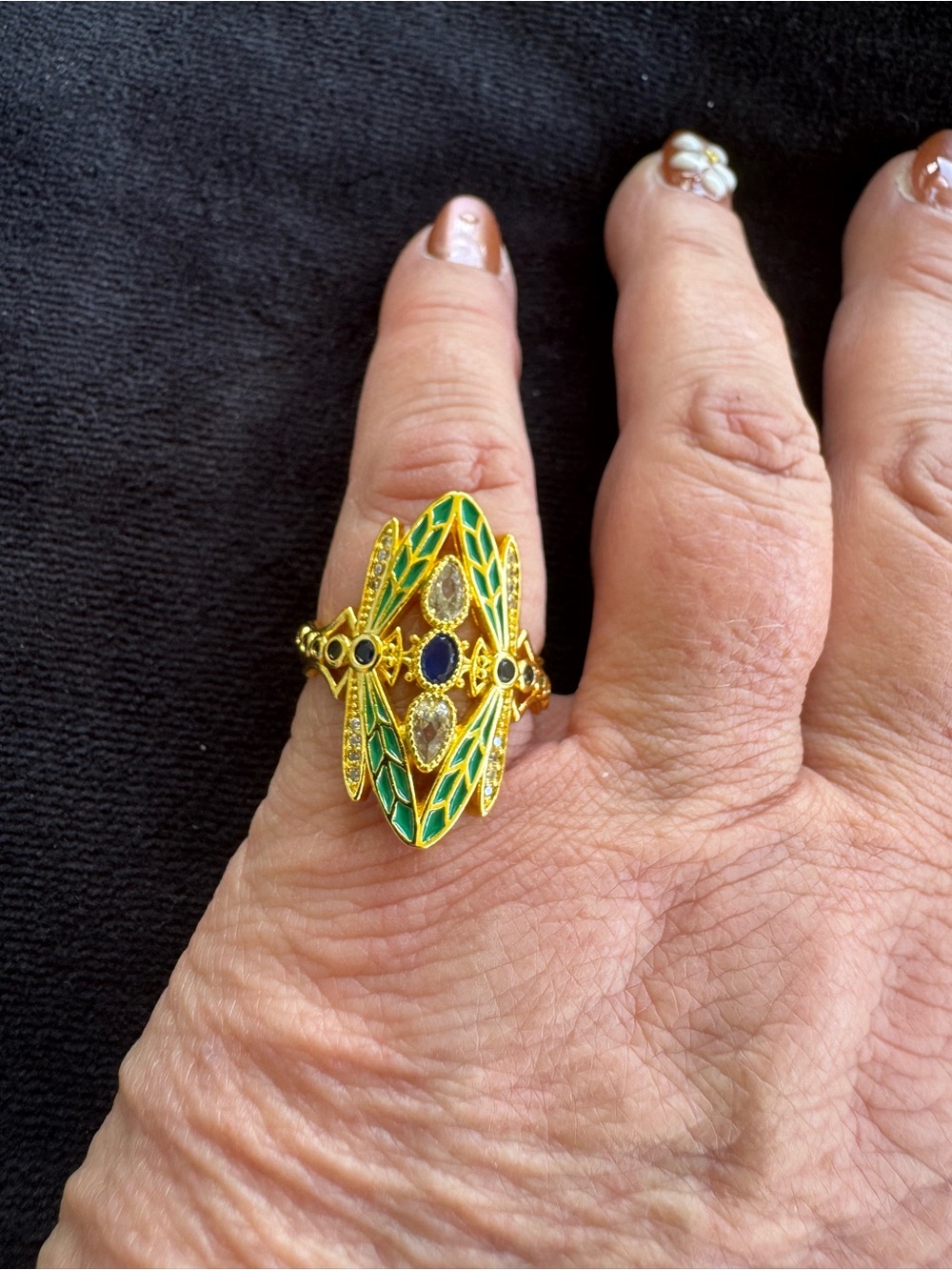 Gold Tone Green Enamel Dragonflies Oval Statement Ring with Blue Accents
